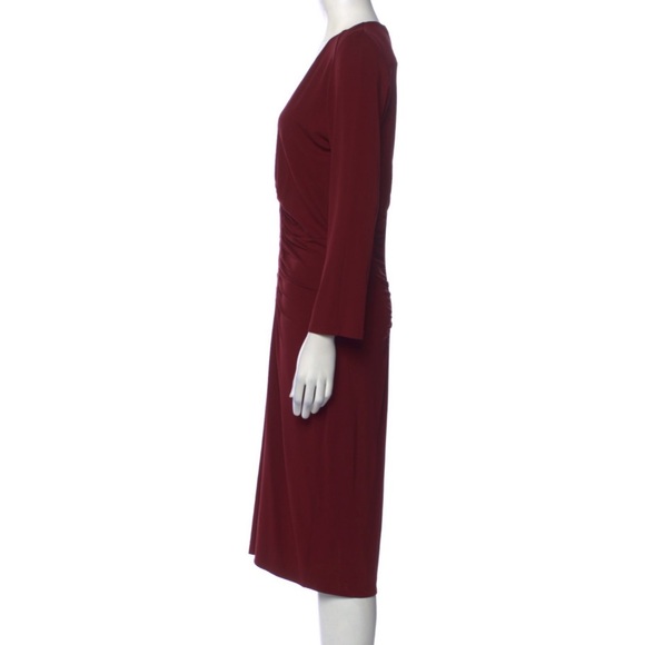 Roberto Cavalli V Neck Burgundy Gathered Accents Midi Sheath Dress - Picture 3 of 11